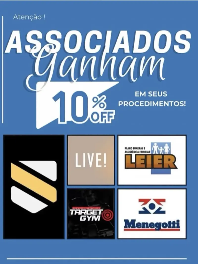 Associados ganham 10% de desconto em seus procedimentos. Parceiros: Live!, Plano Funeral Leier, Target Gym, Menegotti e outra empresa parceira.